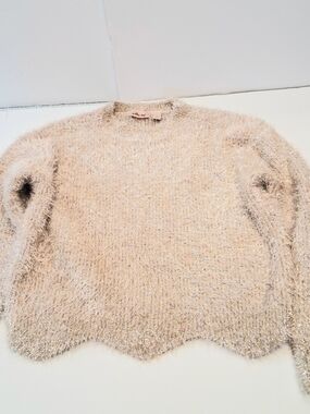 Willow Root Womens M Cropped Tinsel Sweater Champagne Gold Long Sleeve Scaloped